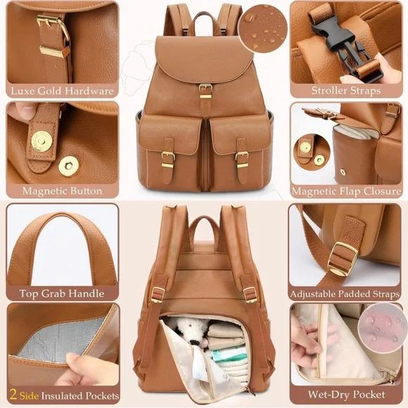 New Leather Diaper Backpack Bag with 12 Organizing Pouches,Changing Pad(Brown) - Picture 6 of 14